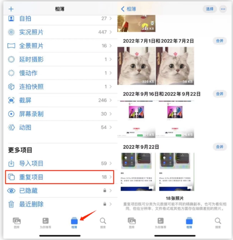 韩城苹果手机维修分享iOS 16 中相册重复项目功能使用方法 