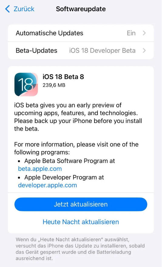 韩城苹果手机维修分享苹果 iOS / iPadOS 18 开发者预览版 Beta 8 发布 